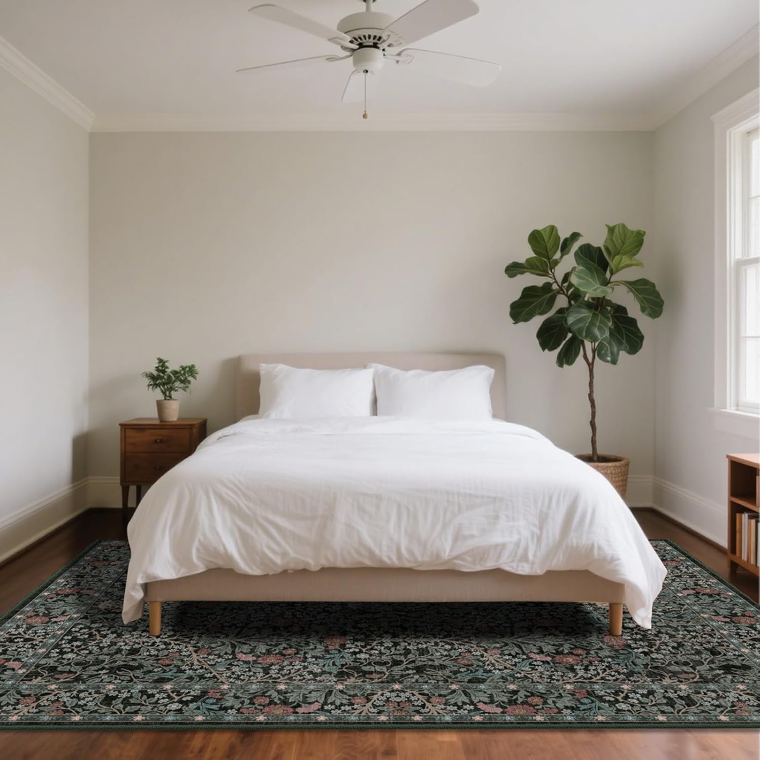 Dark Green Floral 8x10 Washable Rug