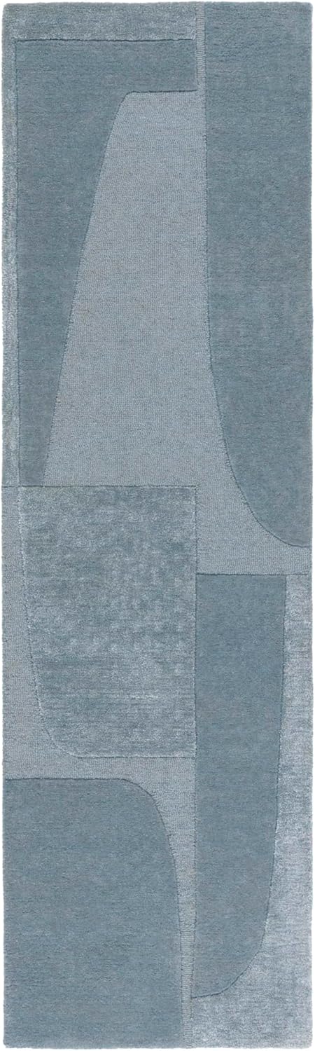 Handmade Blue Wool Viscose Runner Rug