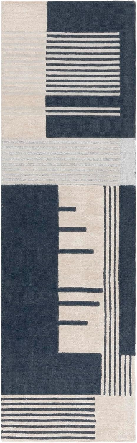 Handmade Navy Ivory Wool Runner Rug