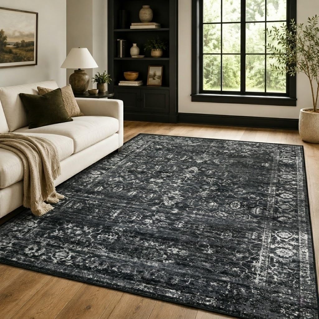 Black Vintage Boho 5x7 Washable Rug