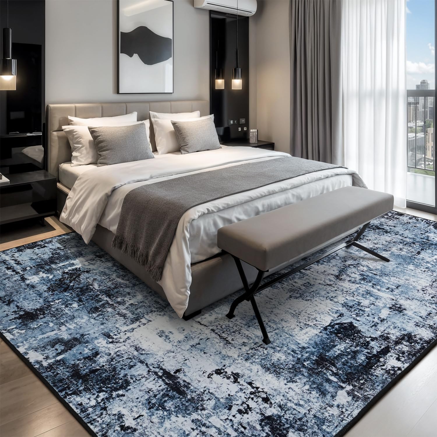 Navy Blue Black 8x10 Washable Area Rug