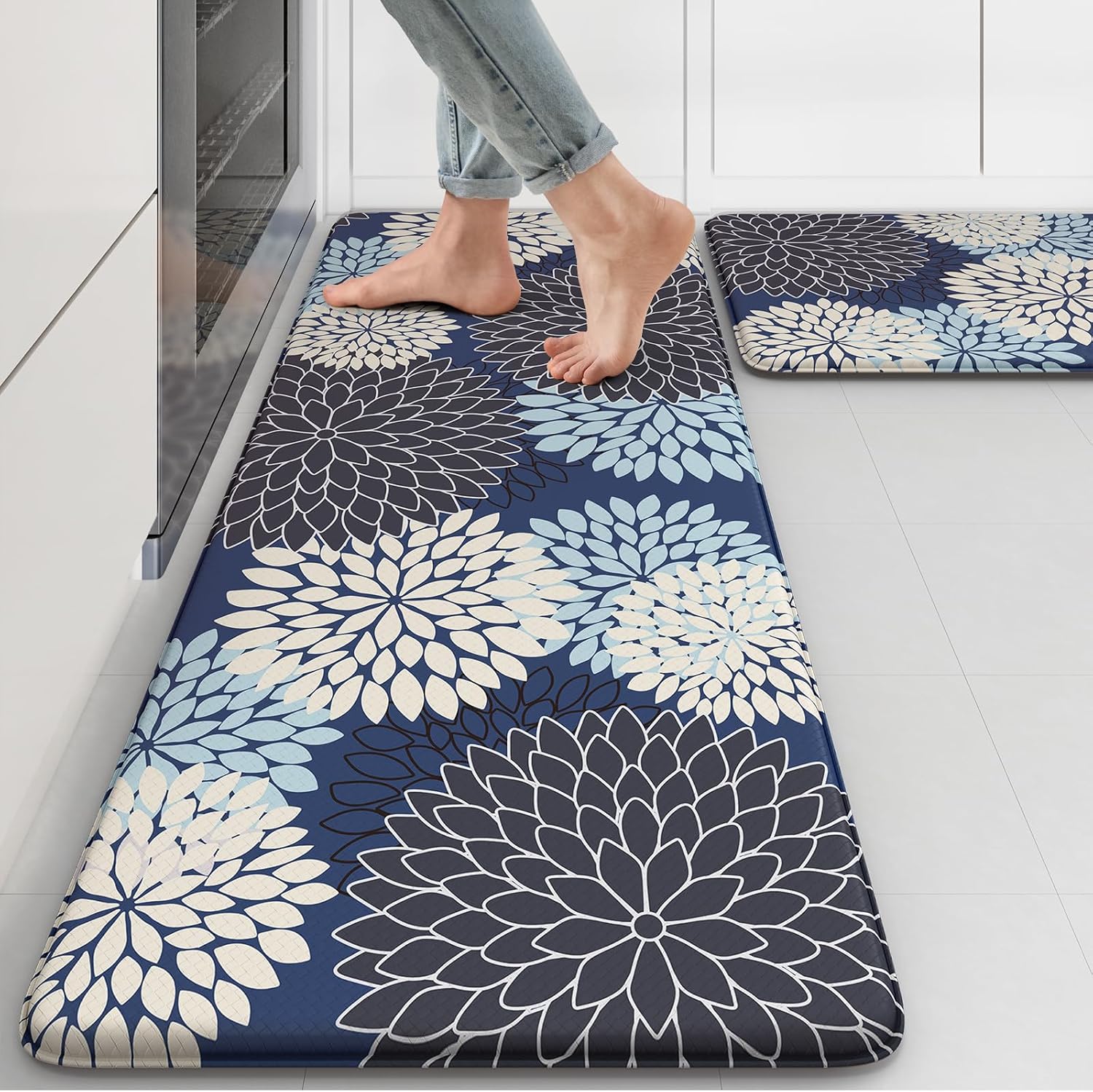 Boho Dahlia Cushioned Kitchen Rug Set