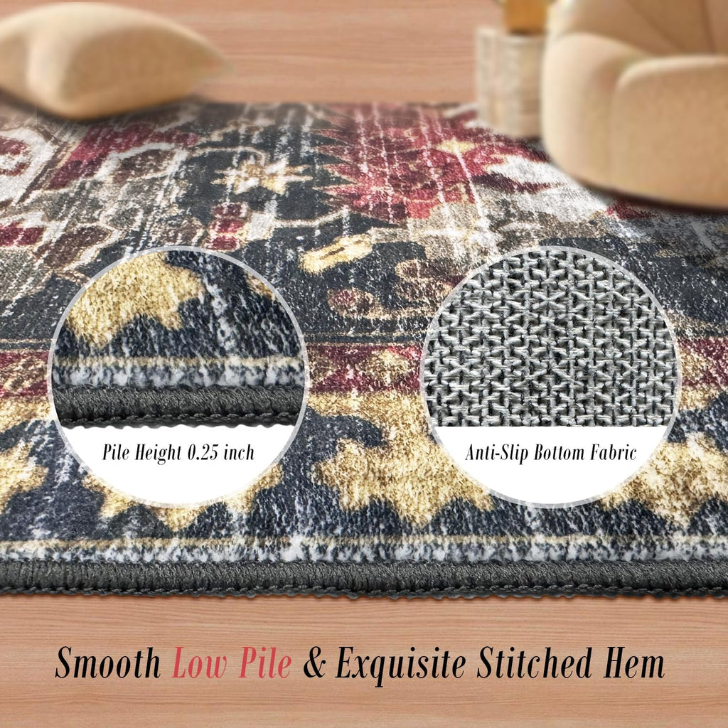 Dark Stone Vintage Boho 5x7 Washable Rug