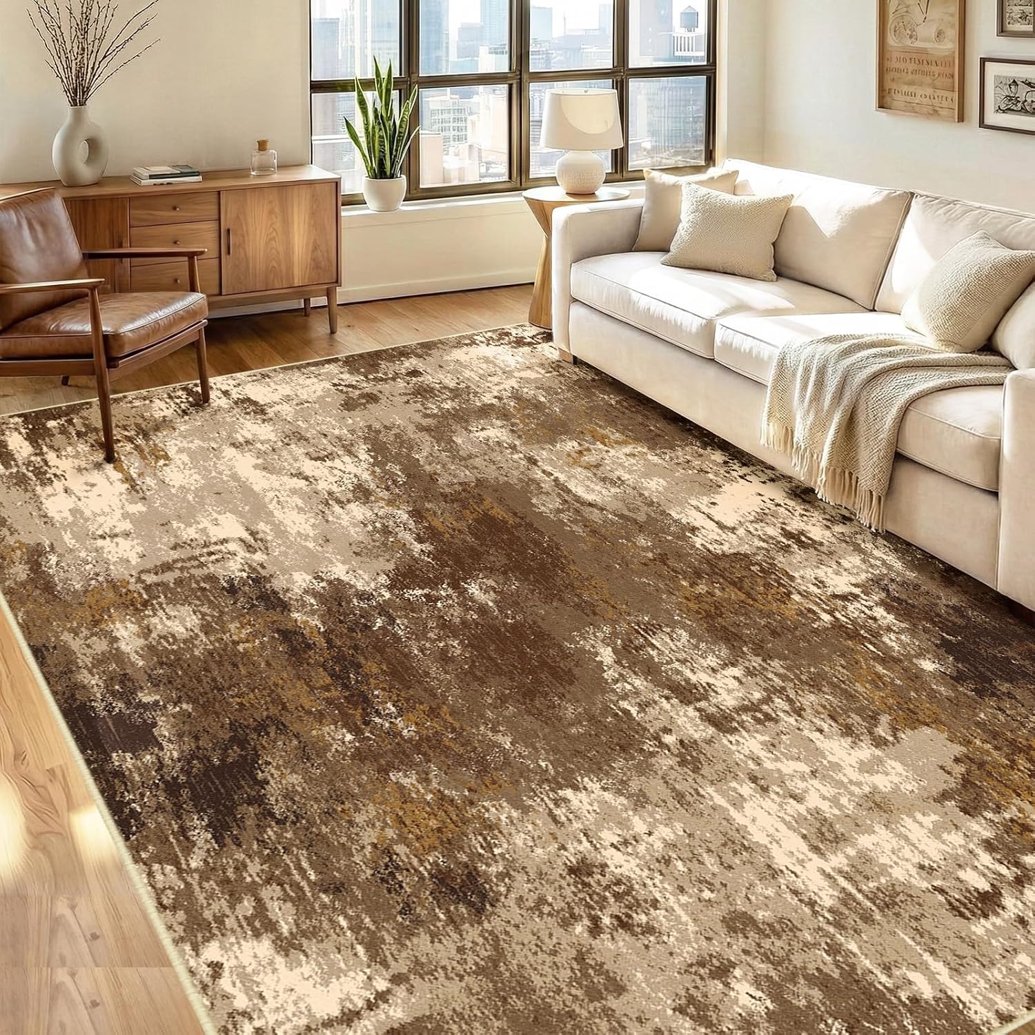 Brown Tan Abstract 5x7 Washable Rug