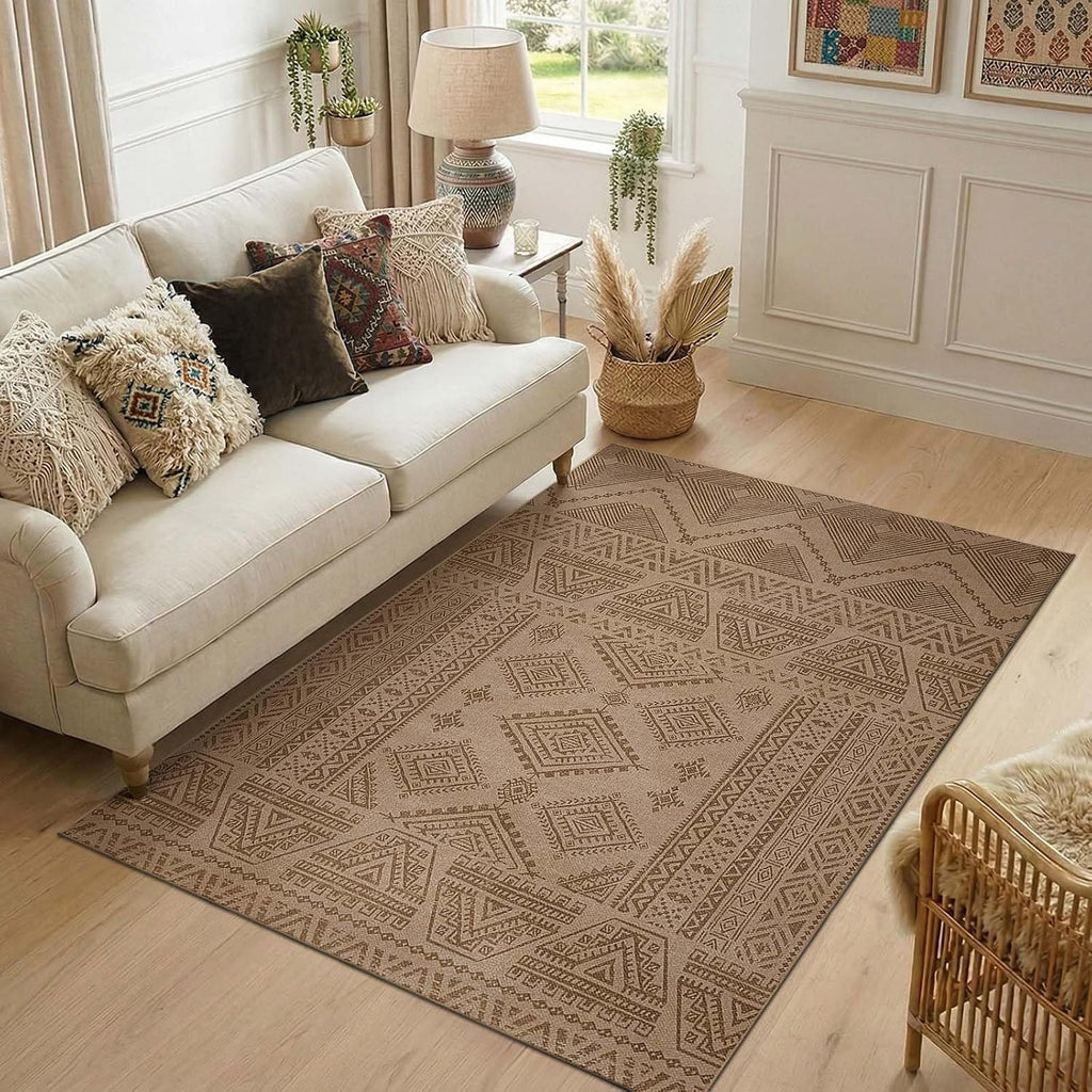 Taupe Faux Jute Geometric Washable Rug