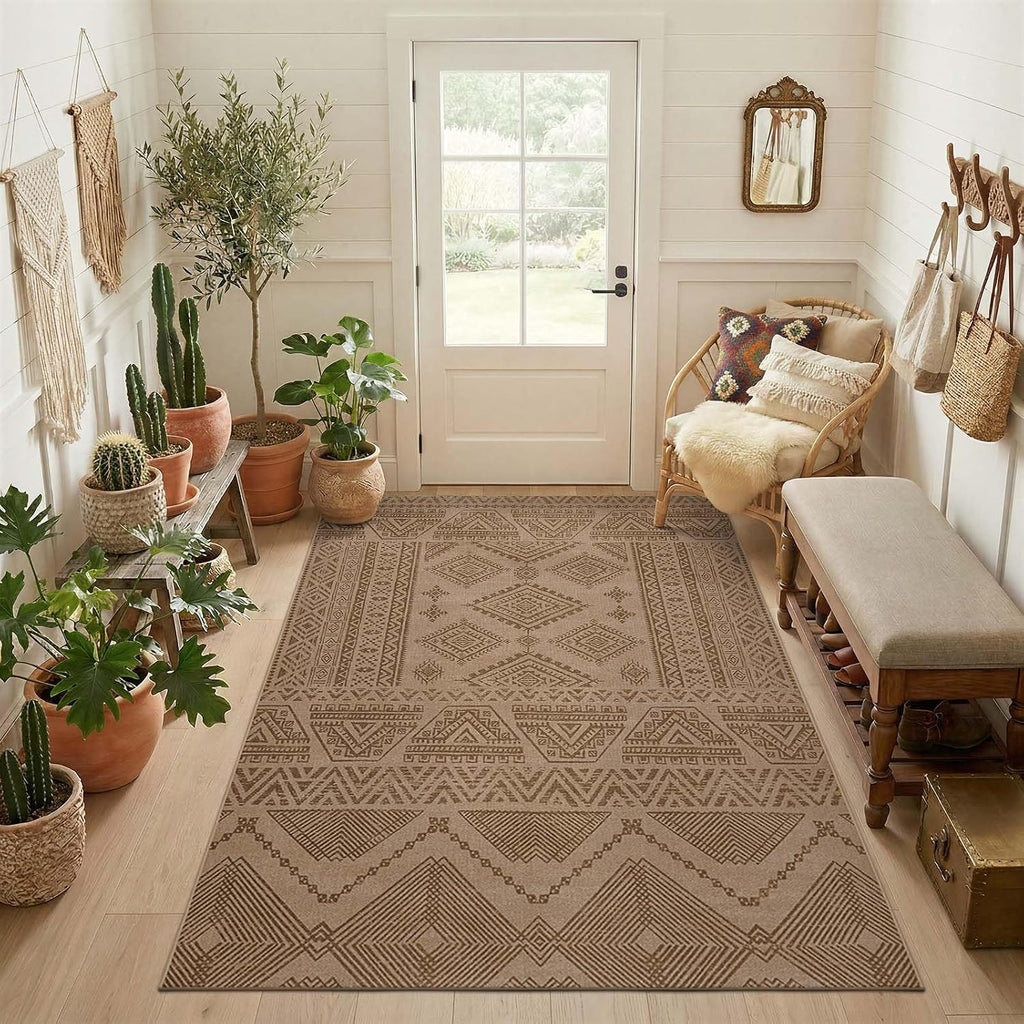 Taupe Faux Jute Geometric Washable Rug