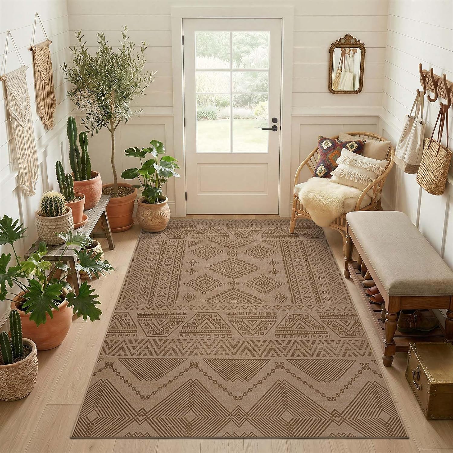 Taupe Faux Jute Geometric Washable Rug