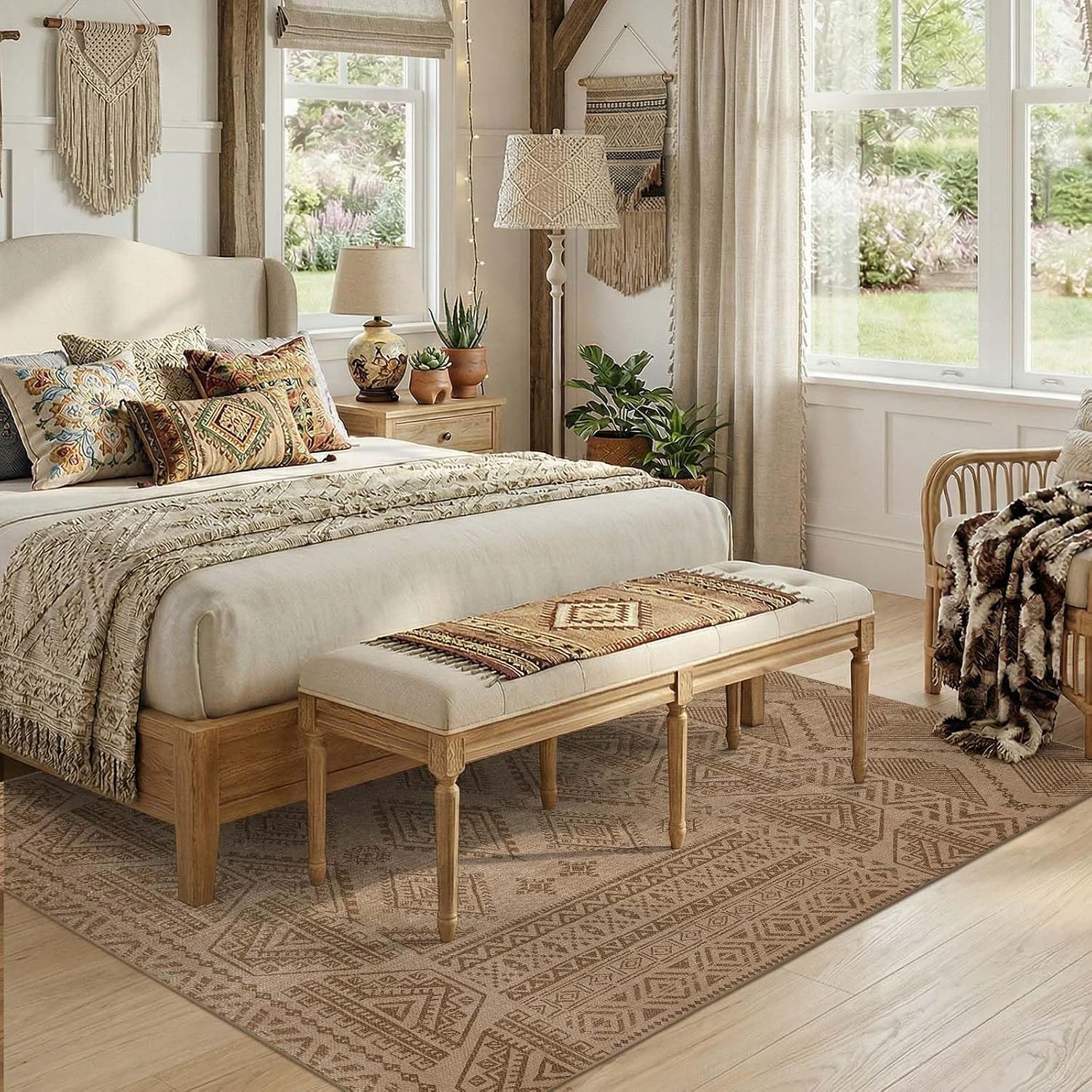 Taupe Faux Jute Geometric Washable Rug
