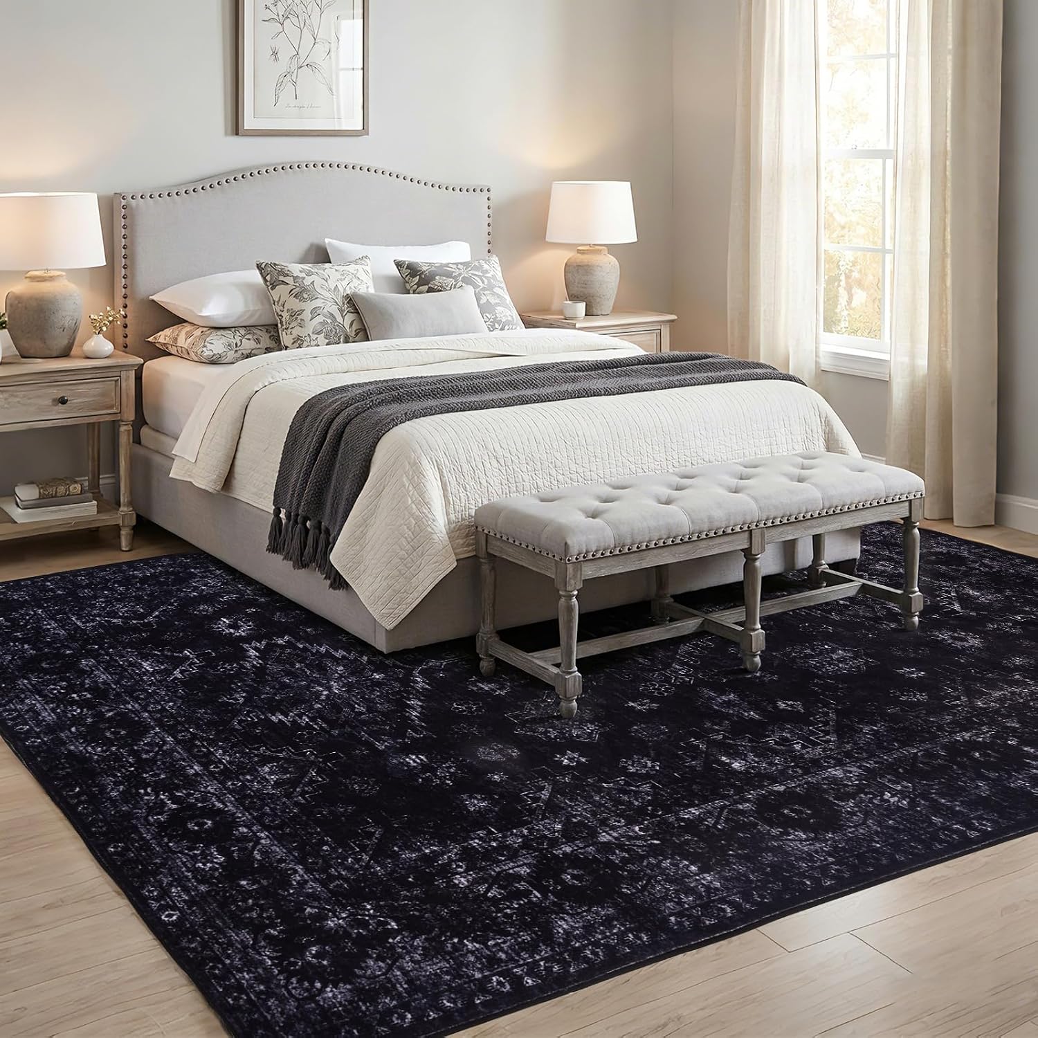 Black Vintage Boho 5x7 Washable Rug