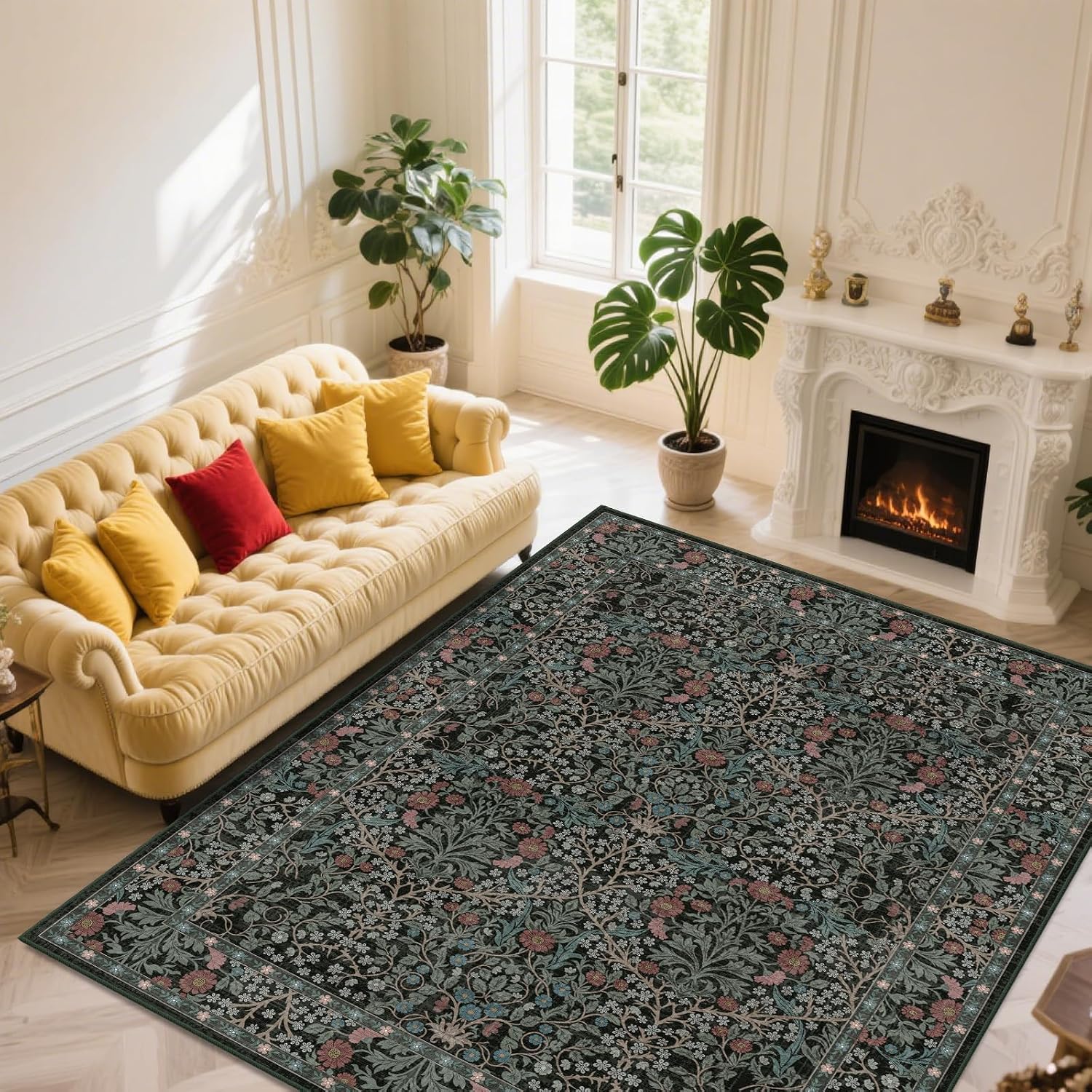Dark Green Floral 8x10 Washable Rug