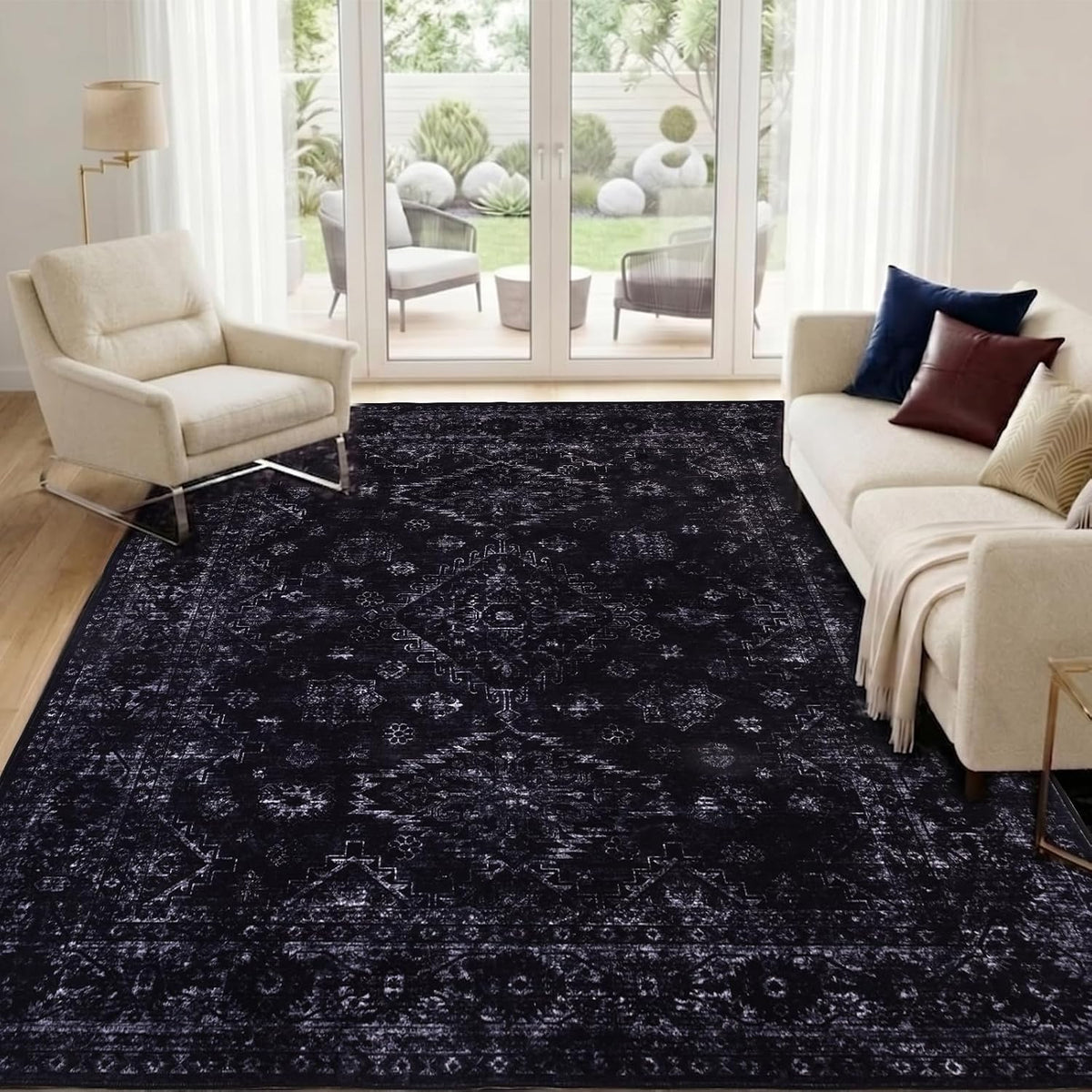 Black Vintage Boho 5x7 Washable Rug