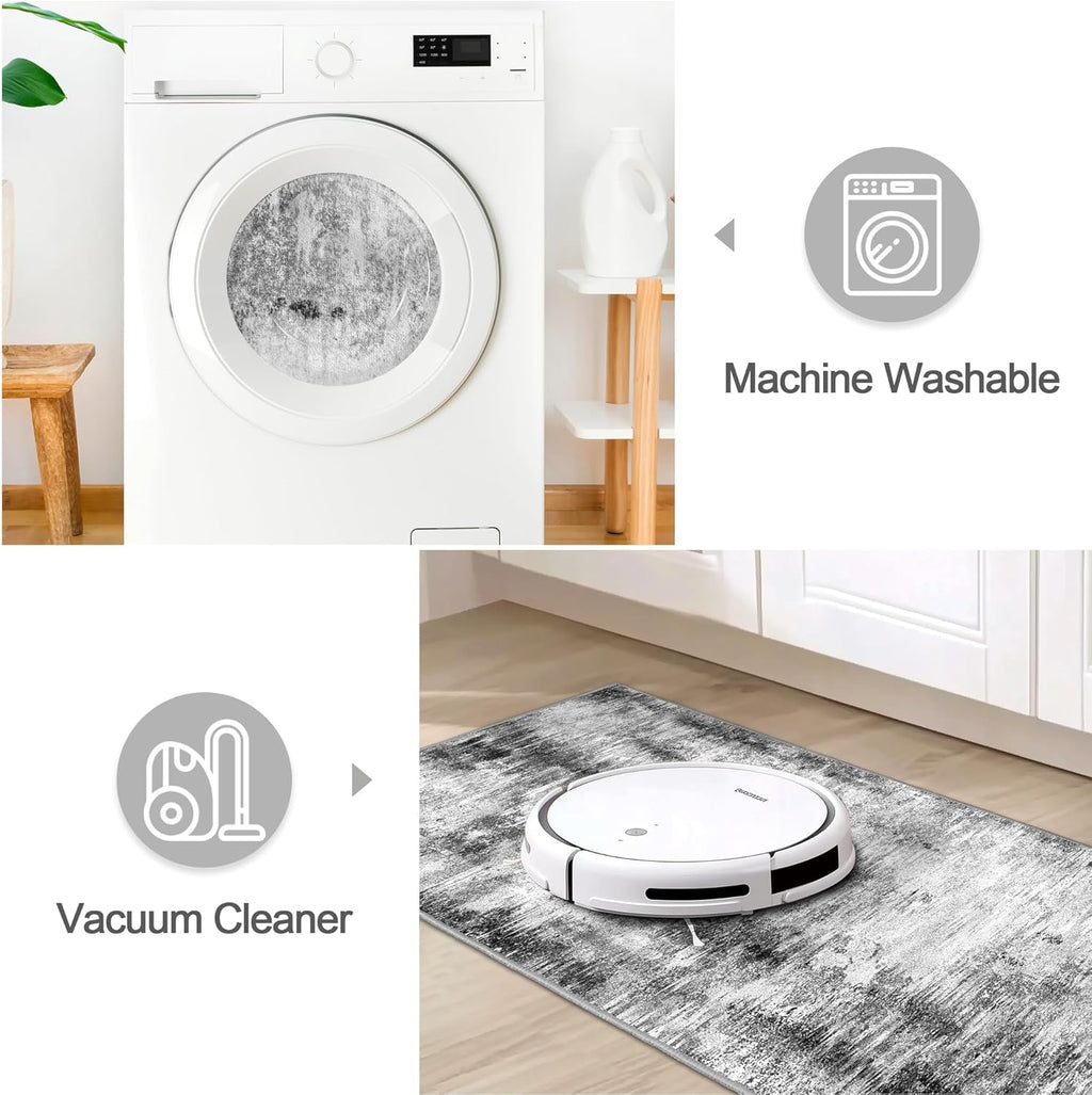 Grey Abstract Washable Kitchen Rug Set
