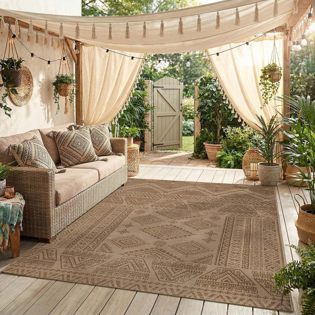 Taupe Faux Jute Geometric Washable Rug