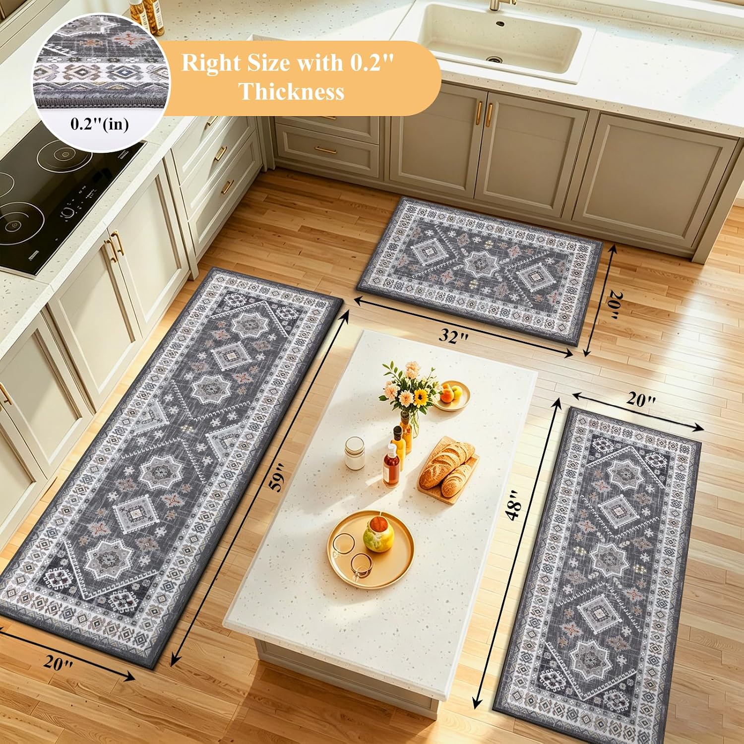 Washable Boho 3 Piece Kitchen Rug Set