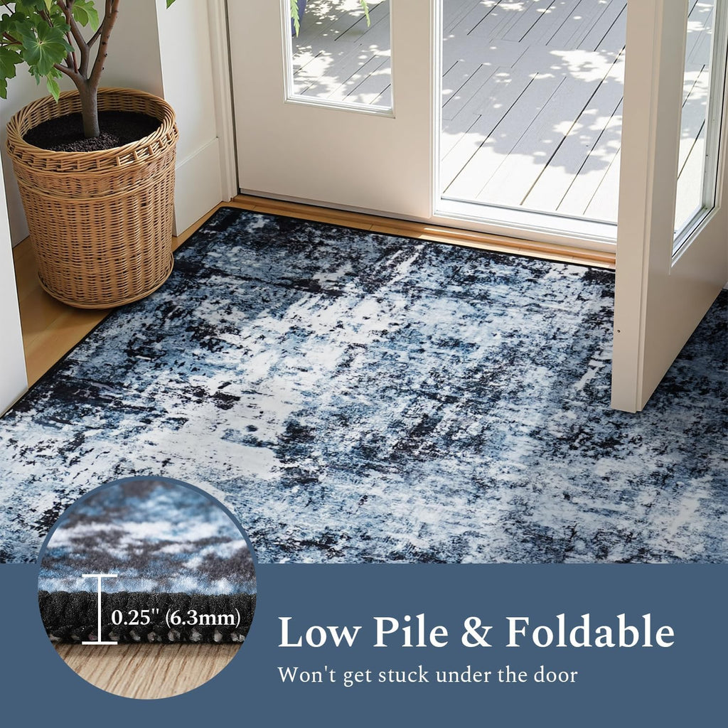 Navy Blue Black 8x10 Washable Area Rug