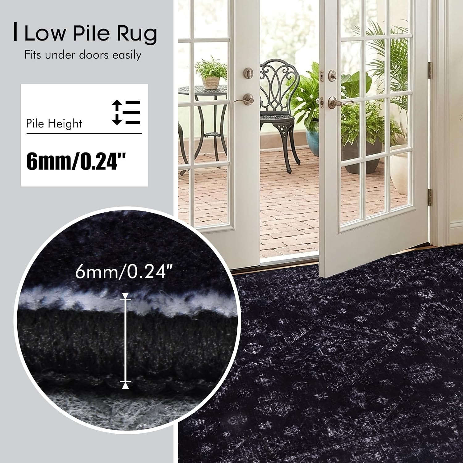 Black Vintage Boho 5x7 Washable Rug