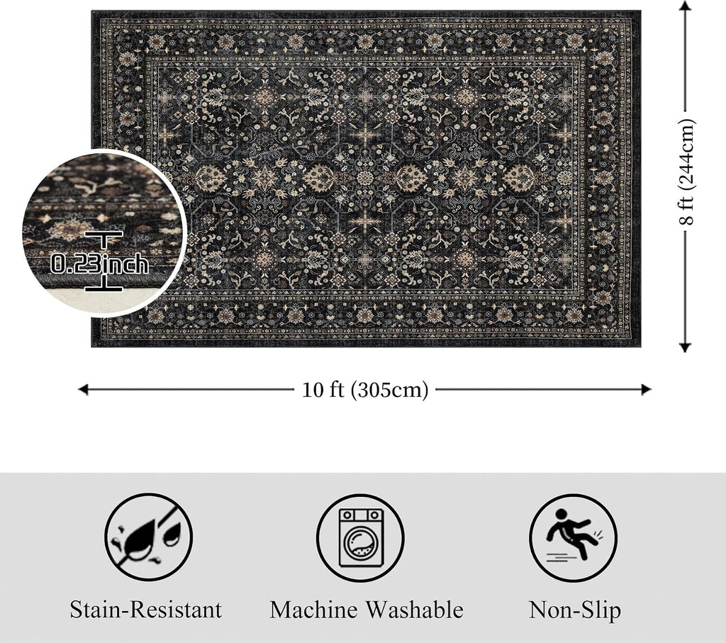 Black Grey 8x10 Washable Area Rug