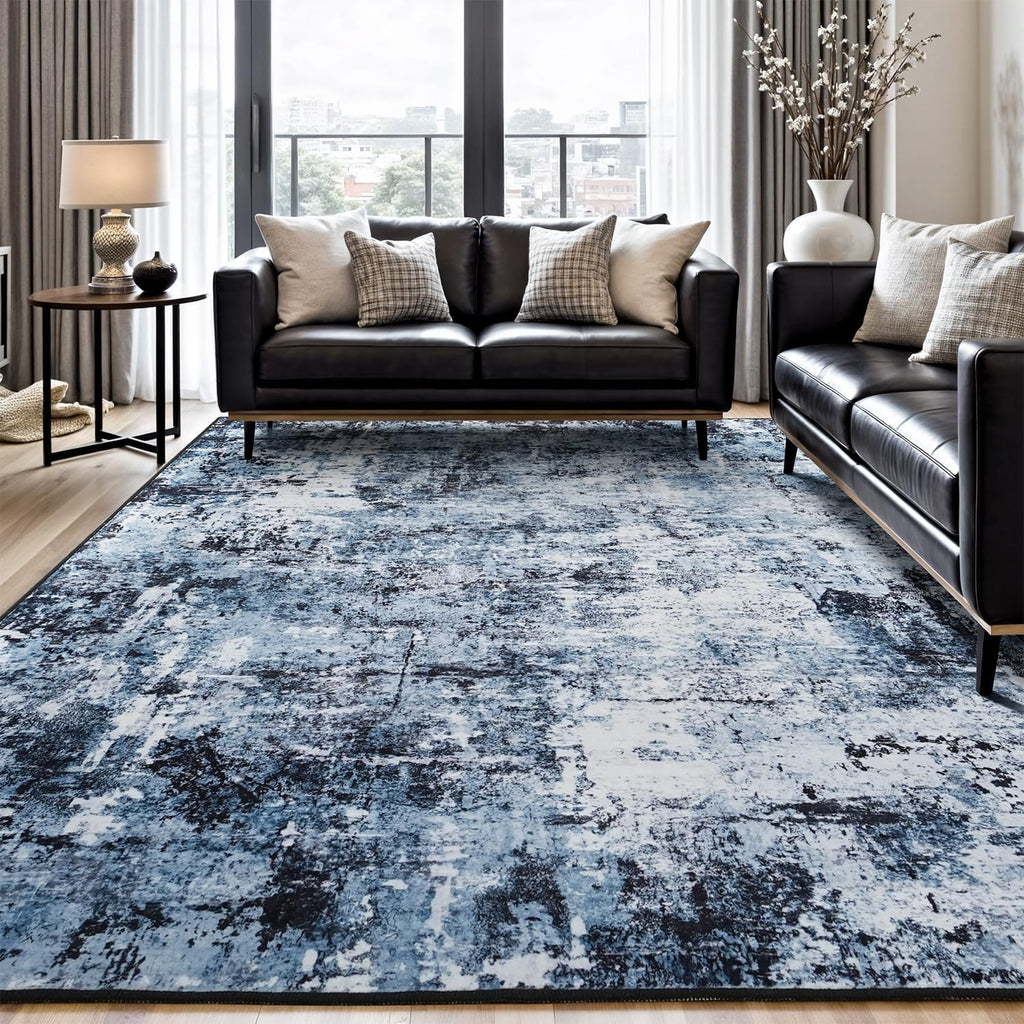Navy Blue Black 8x10 Washable Area Rug