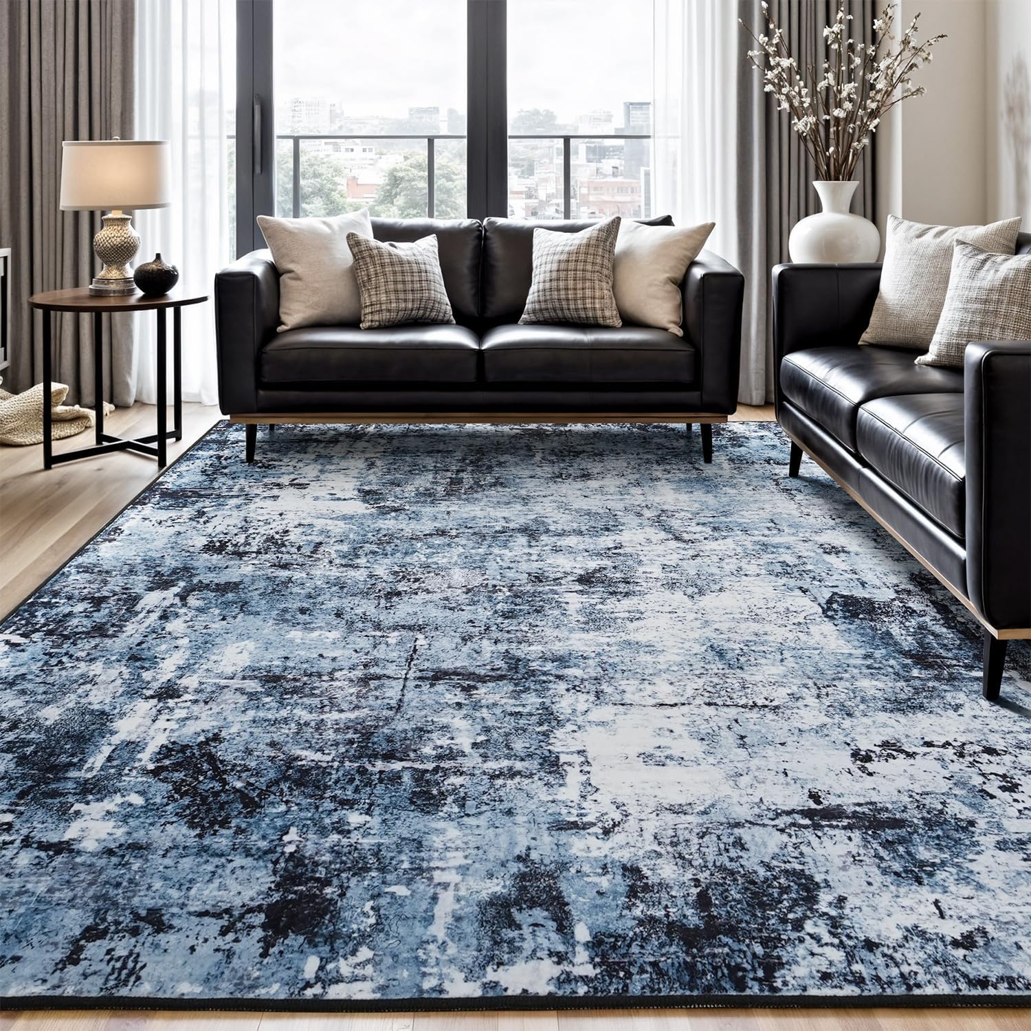 Navy Blue Black 8x10 Washable Area Rug