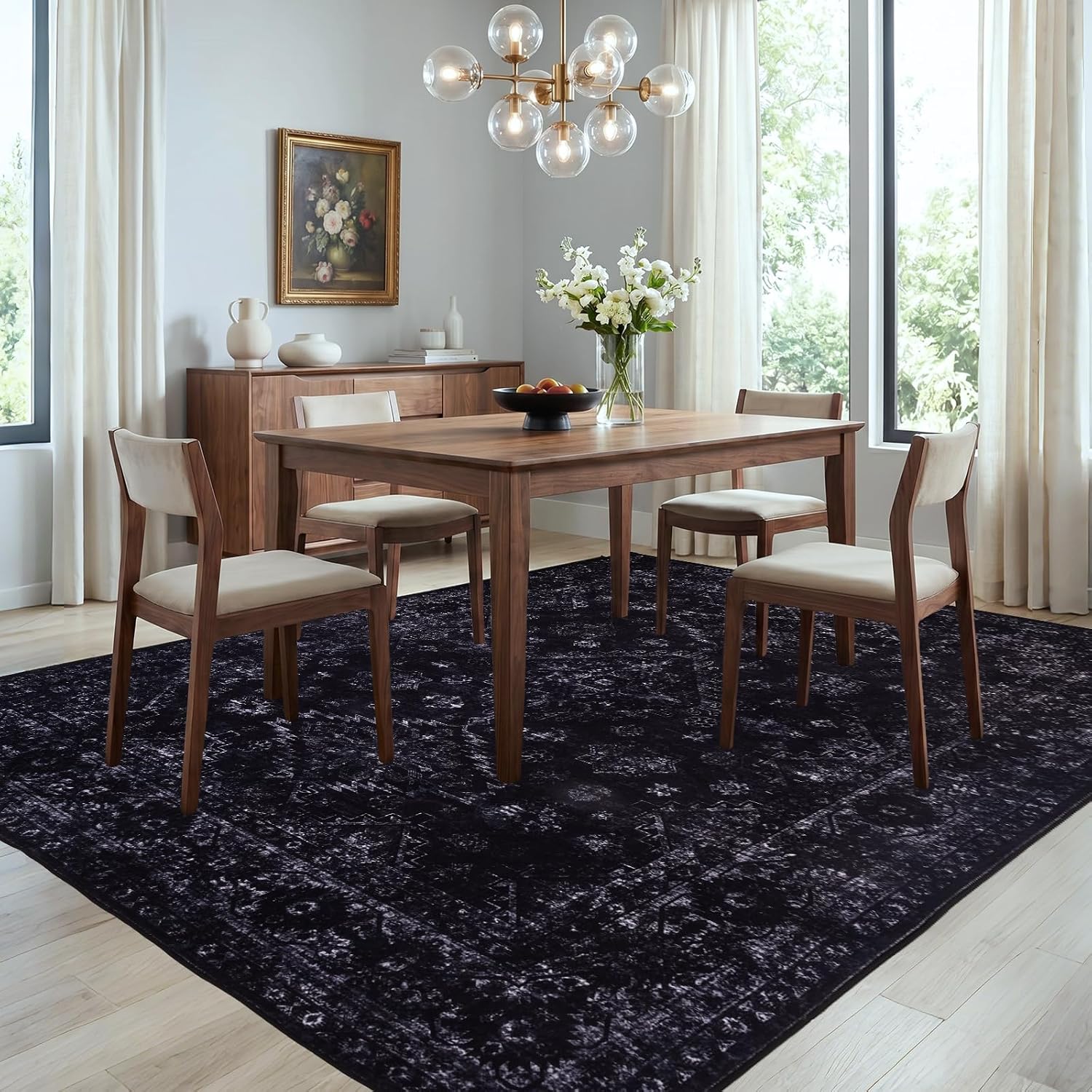 Black Vintage Boho 5x7 Washable Rug