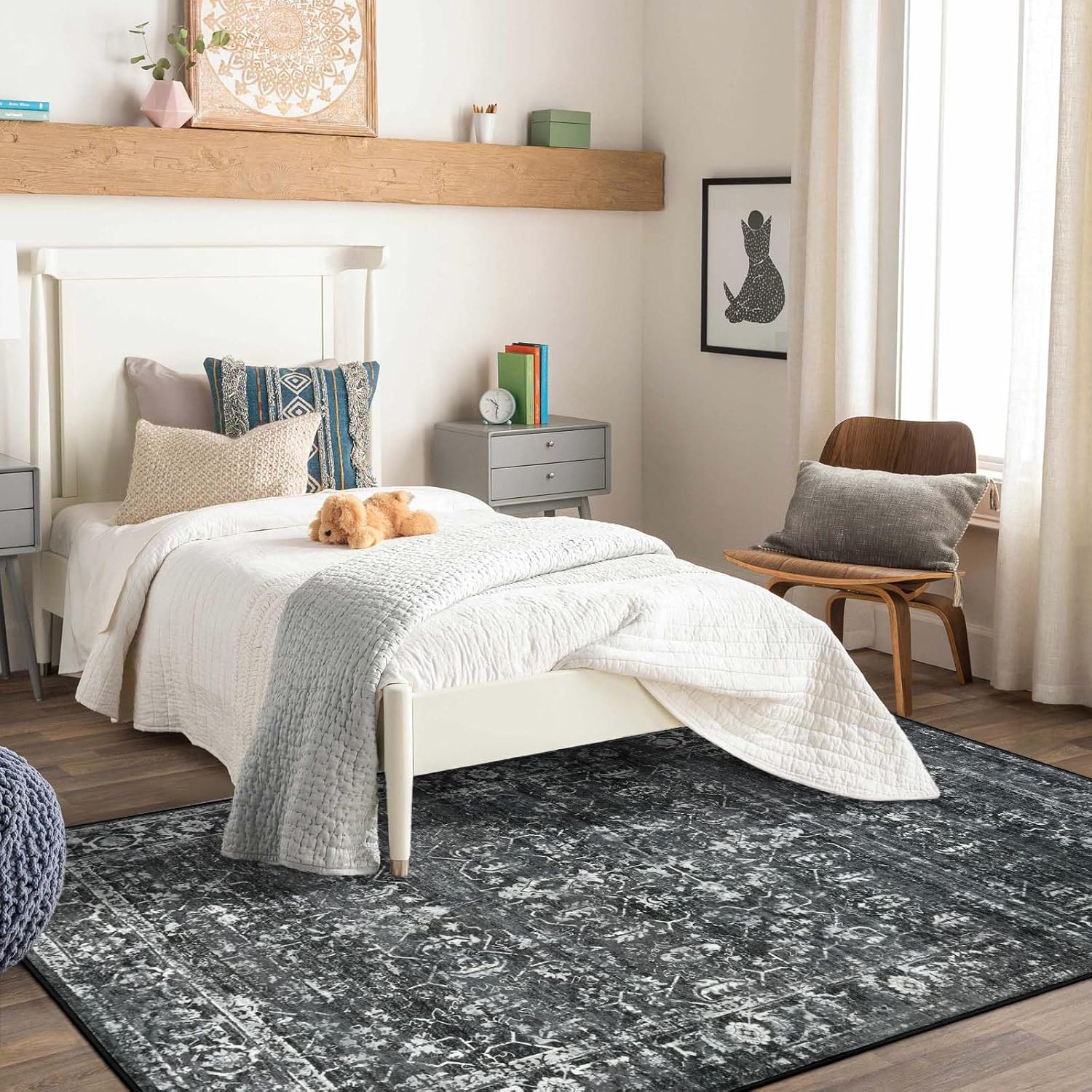 Black Vintage Boho 5x7 Washable Rug