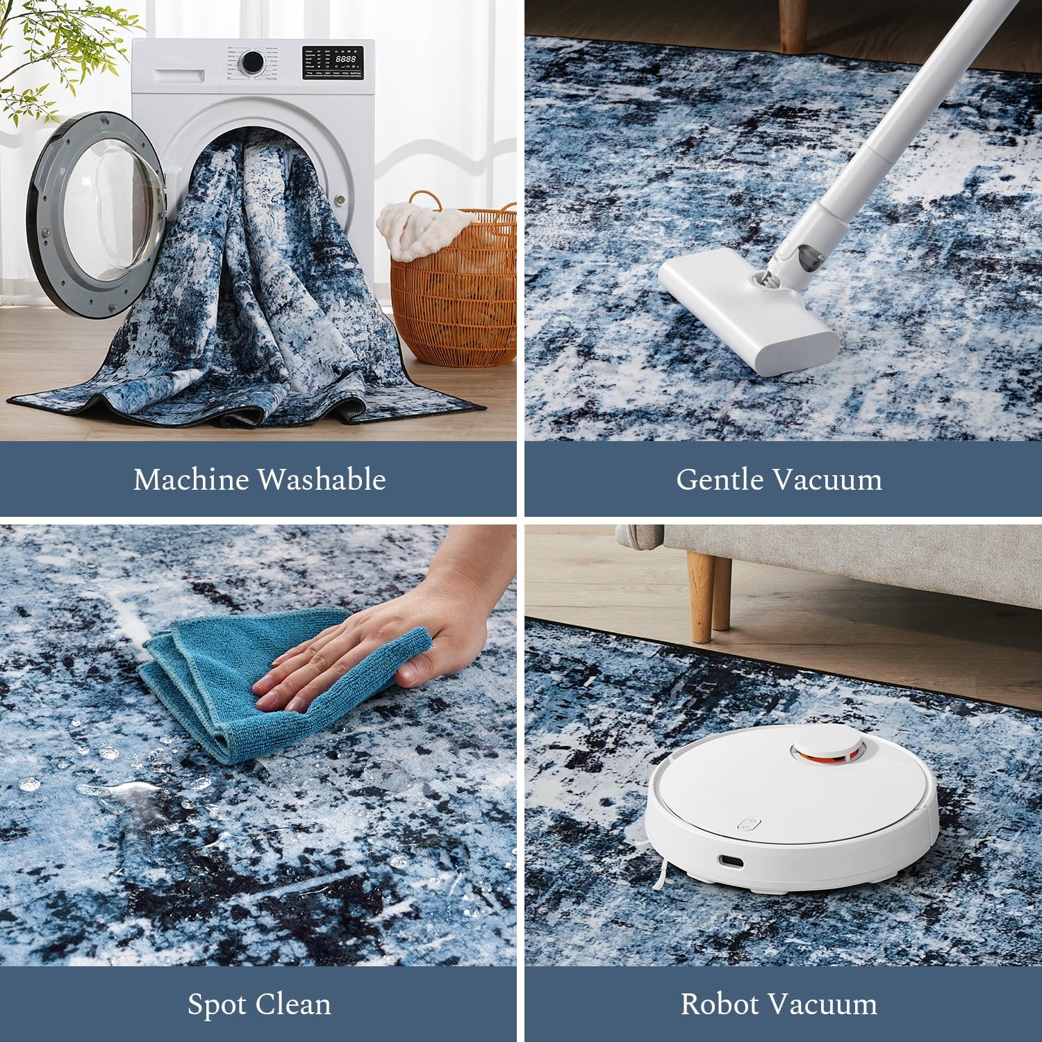 Navy Blue Black 8x10 Washable Area Rug