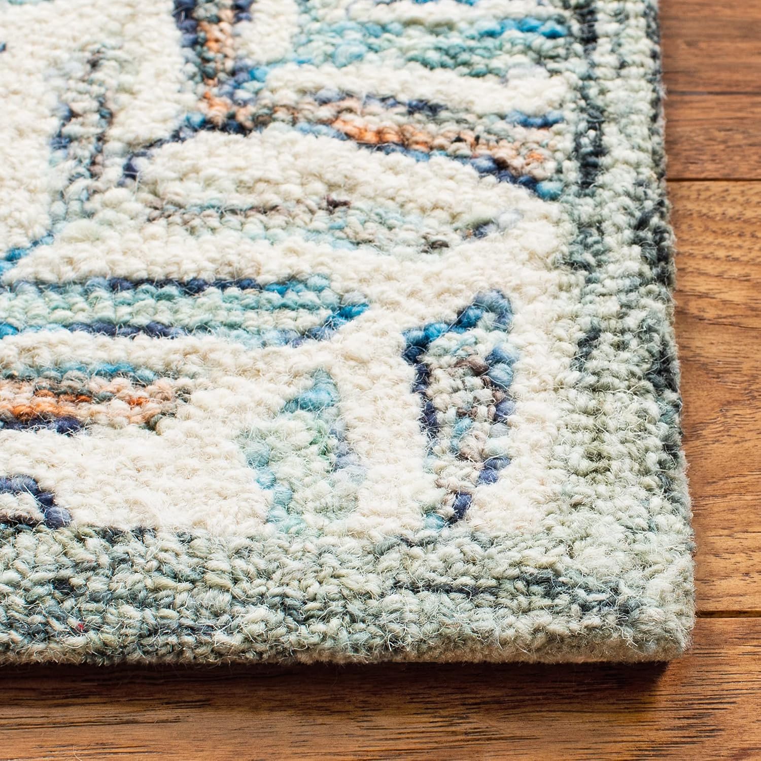 Handmade Ivory Blue Wool Runner Rug