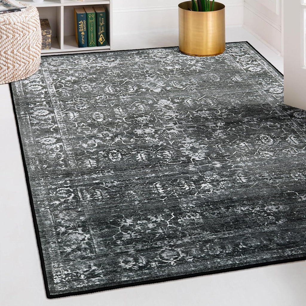Black Vintage Boho 5x7 Washable Rug