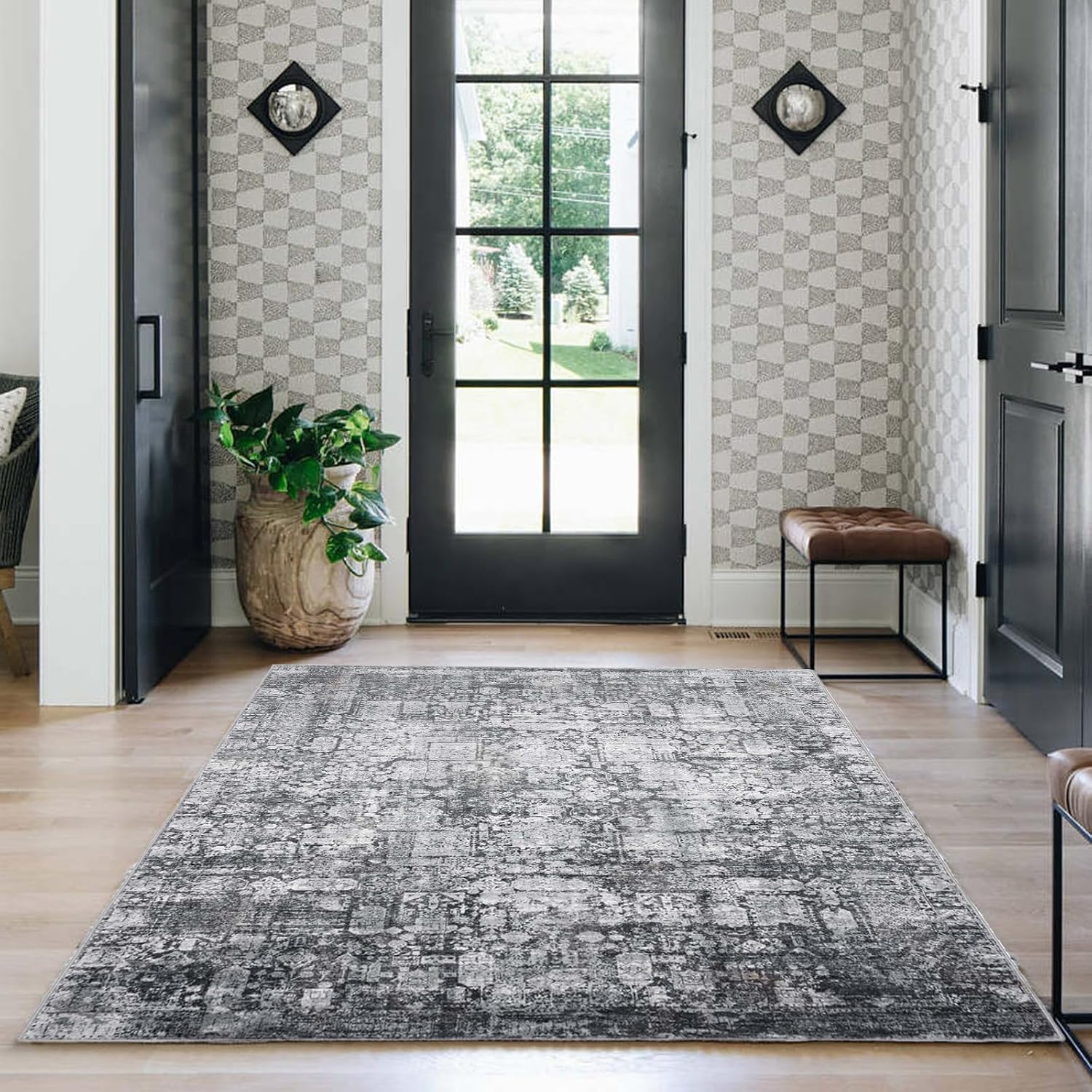 Dark Stone Vintage Boho 5x7 Washable Rug