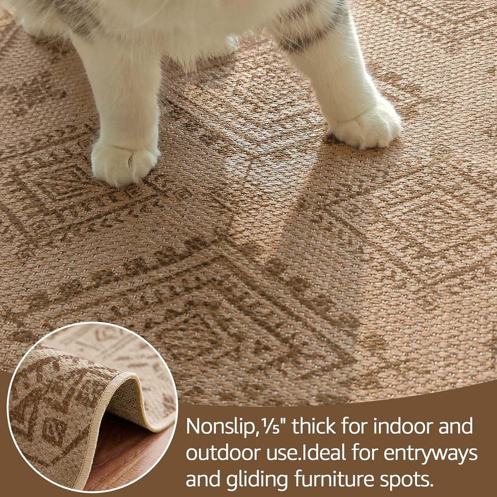 Taupe Faux Jute Geometric Washable Rug