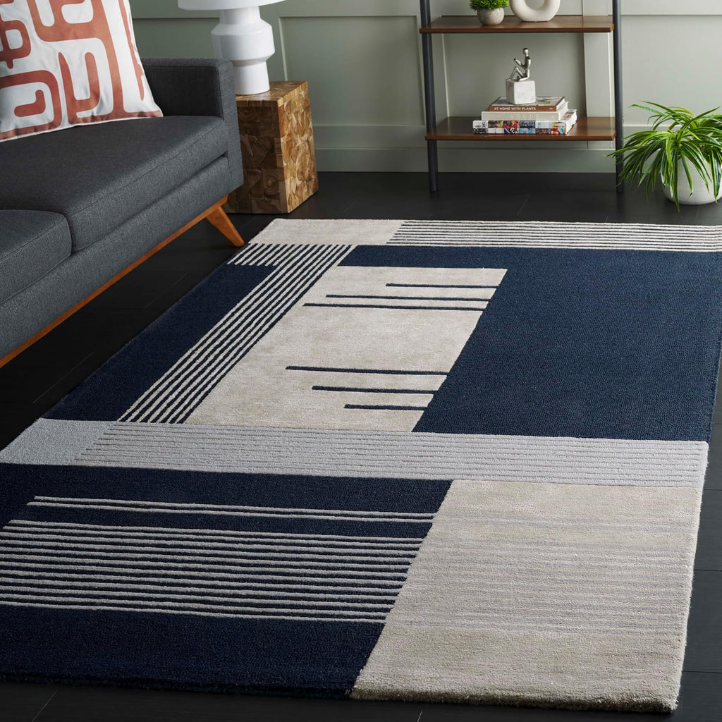 Handmade Navy Ivory Wool Runner Rug