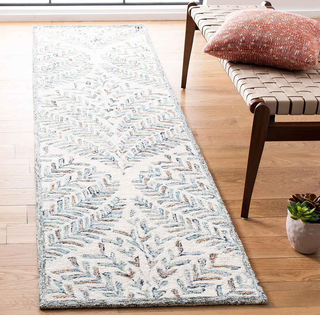 Handmade Ivory Blue Wool Runner Rug