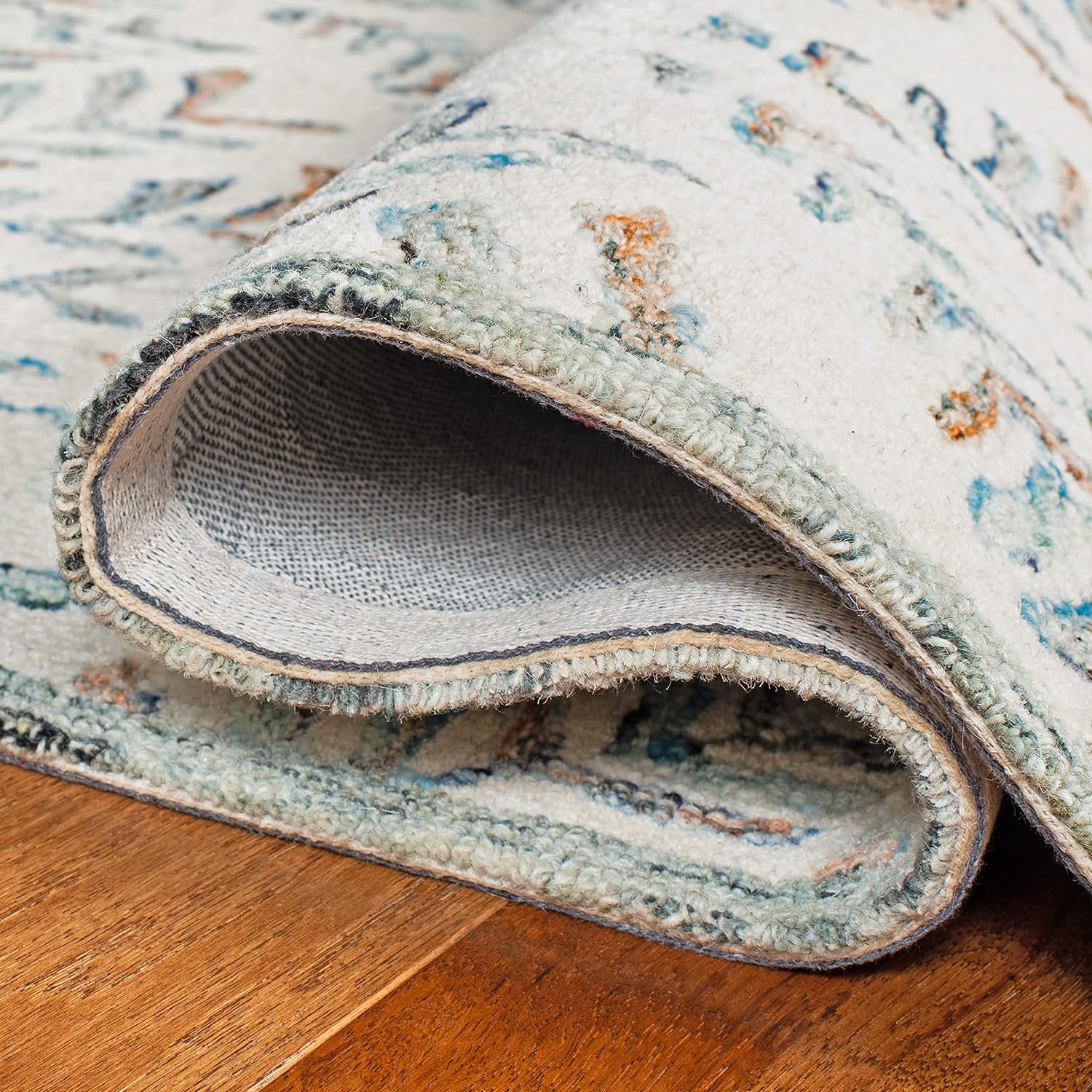 Handmade Ivory Blue Wool Runner Rug