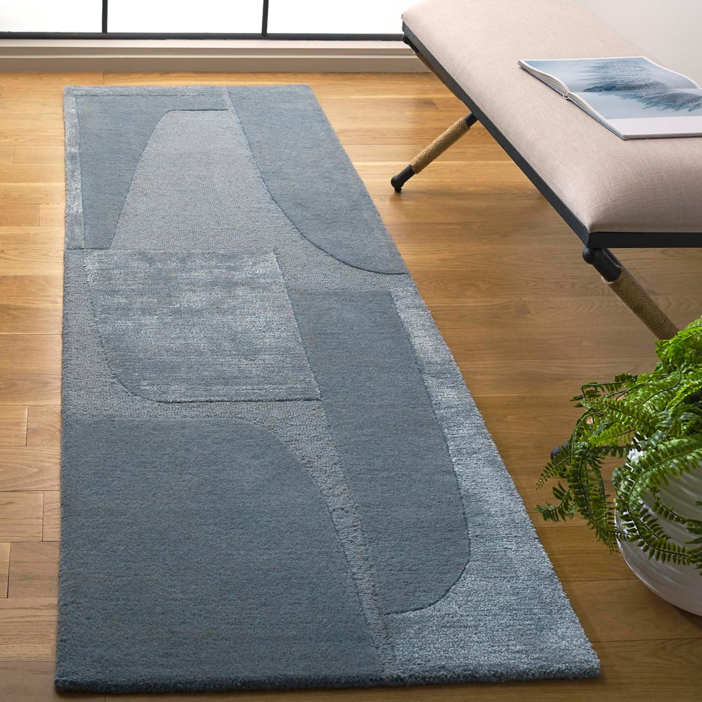 Handmade Blue Wool Viscose Runner Rug