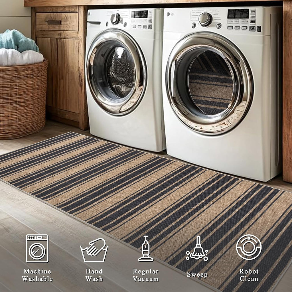 Neutral Striped Jute 5x7 Washable Rug