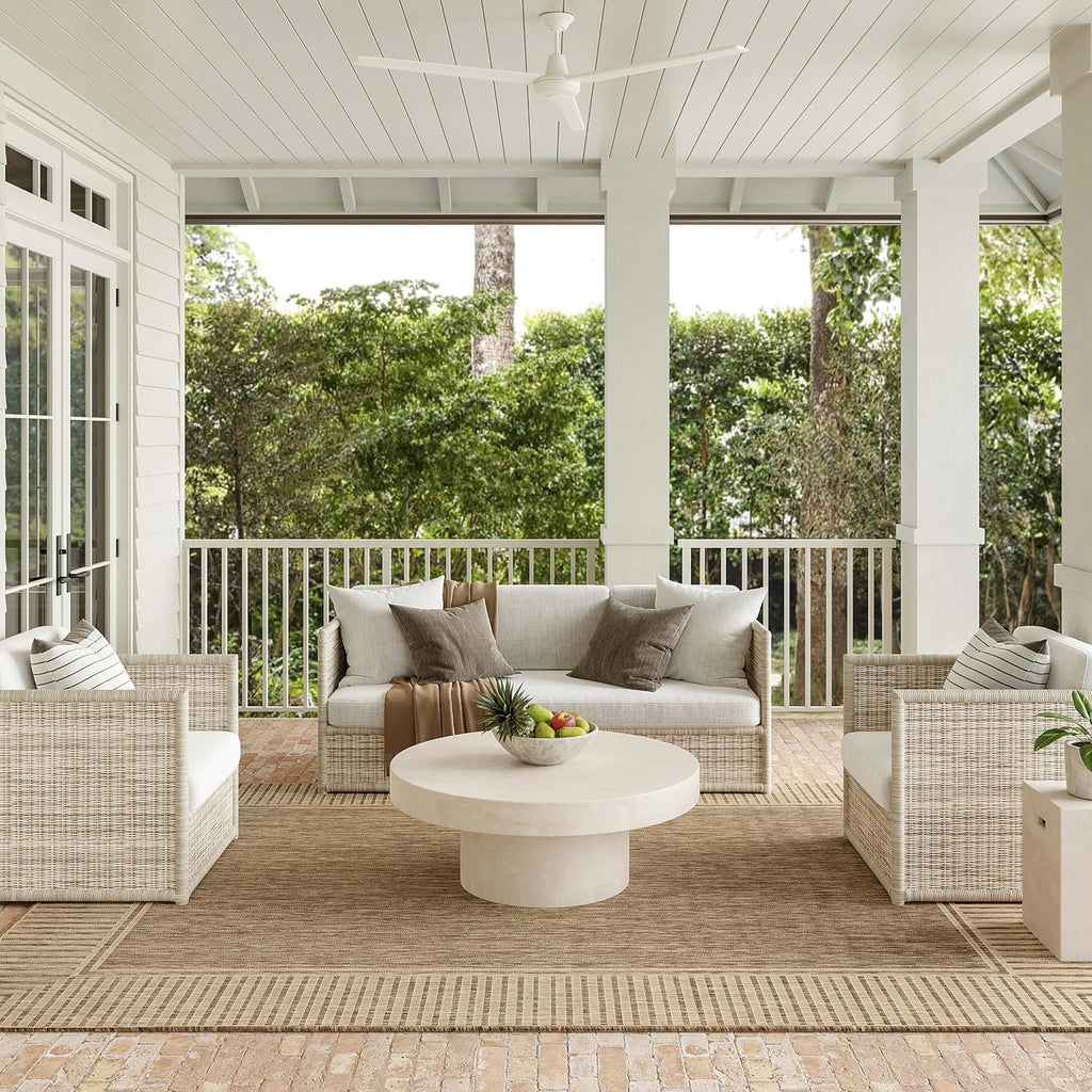 Light Brown Ivory Striped Indoor Outdoor Rug