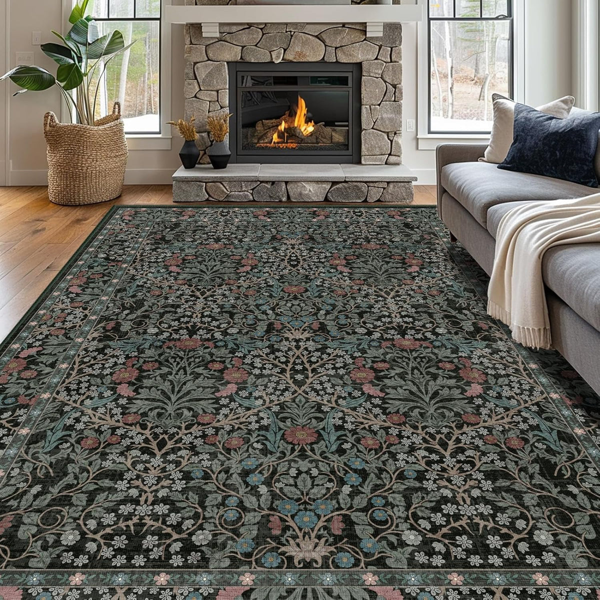 Dark Green Floral 8x10 Washable Rug