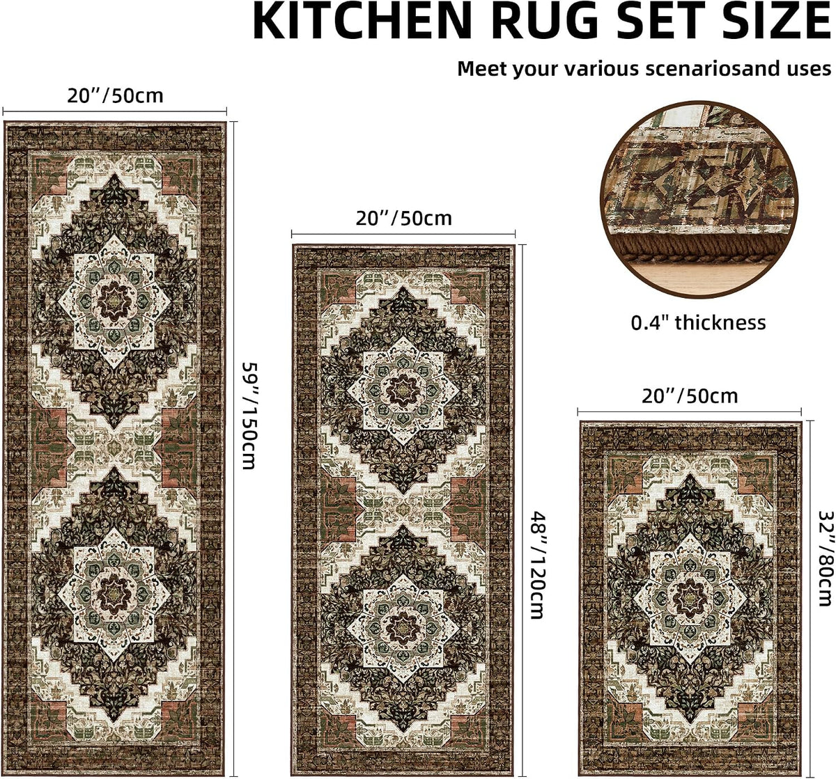 Brown Washable Boho Kitchen Rug Set