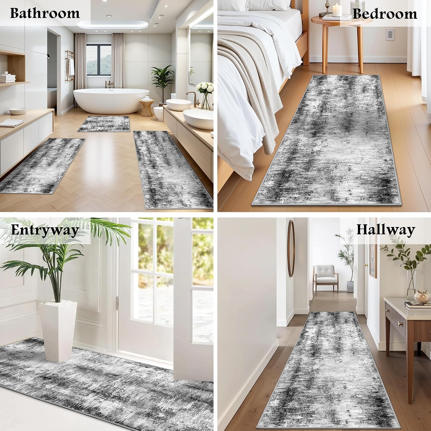 Grey Abstract Washable Kitchen Rug Set