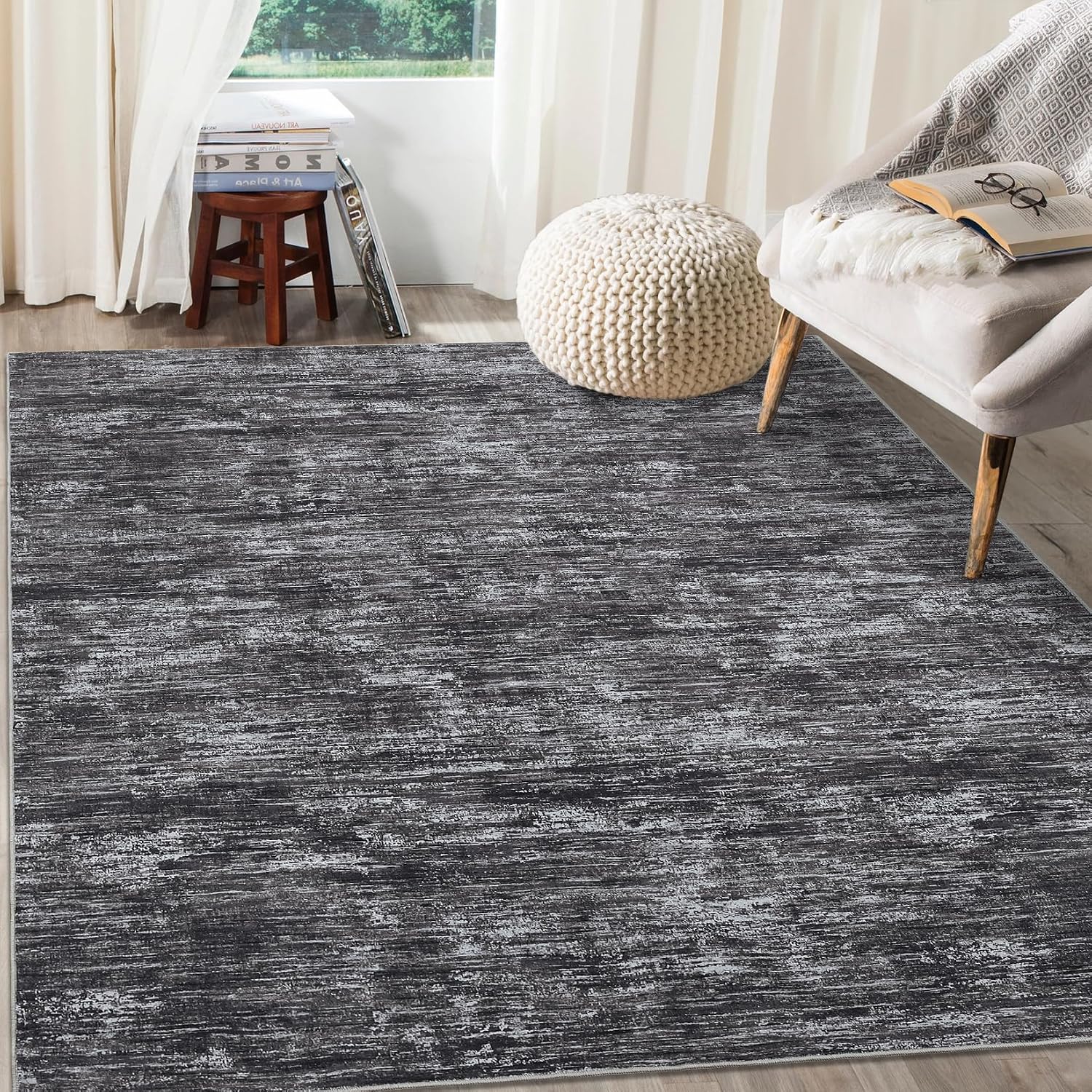Dark Grey Abstract 8x10 Washable Rug