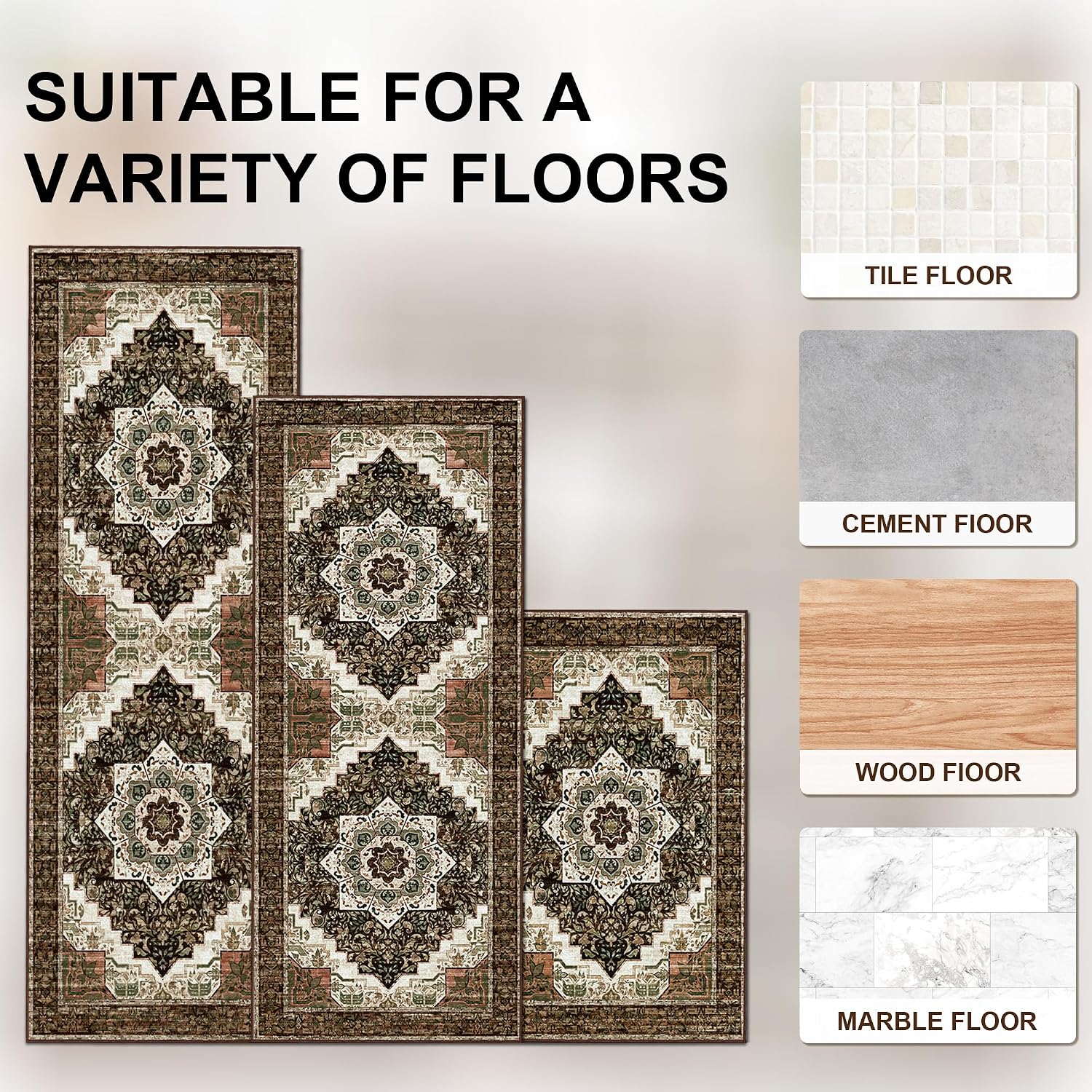 Brown Washable Boho Kitchen Rug Set