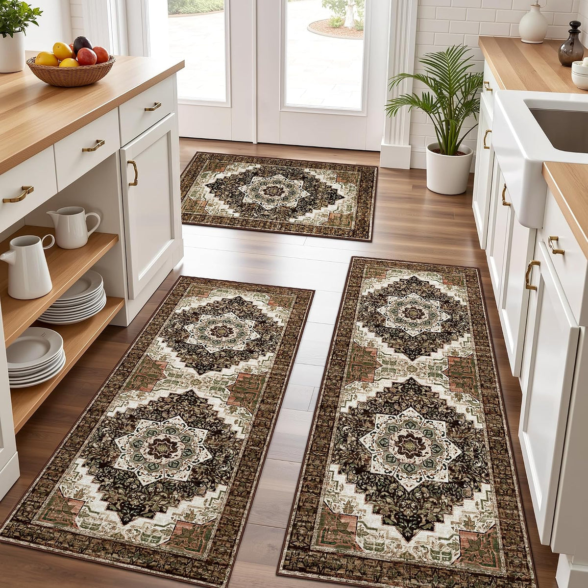 Brown Washable Boho Kitchen Rug Set