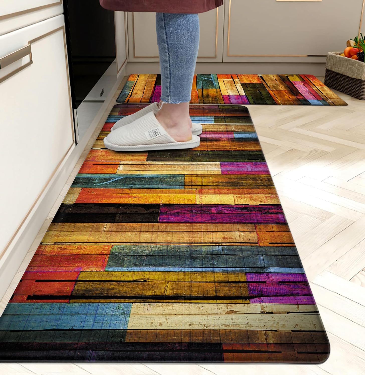 Wooden Abstract Cushioned Kitchen Rug Set