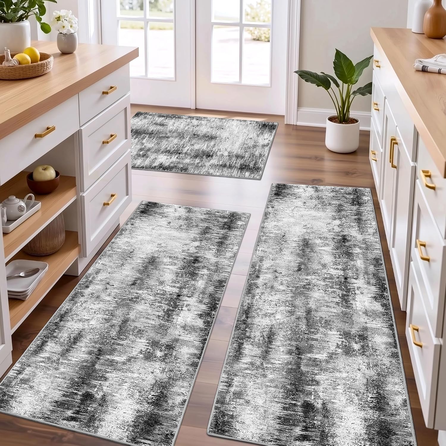 Grey Abstract Washable Kitchen Rug Set