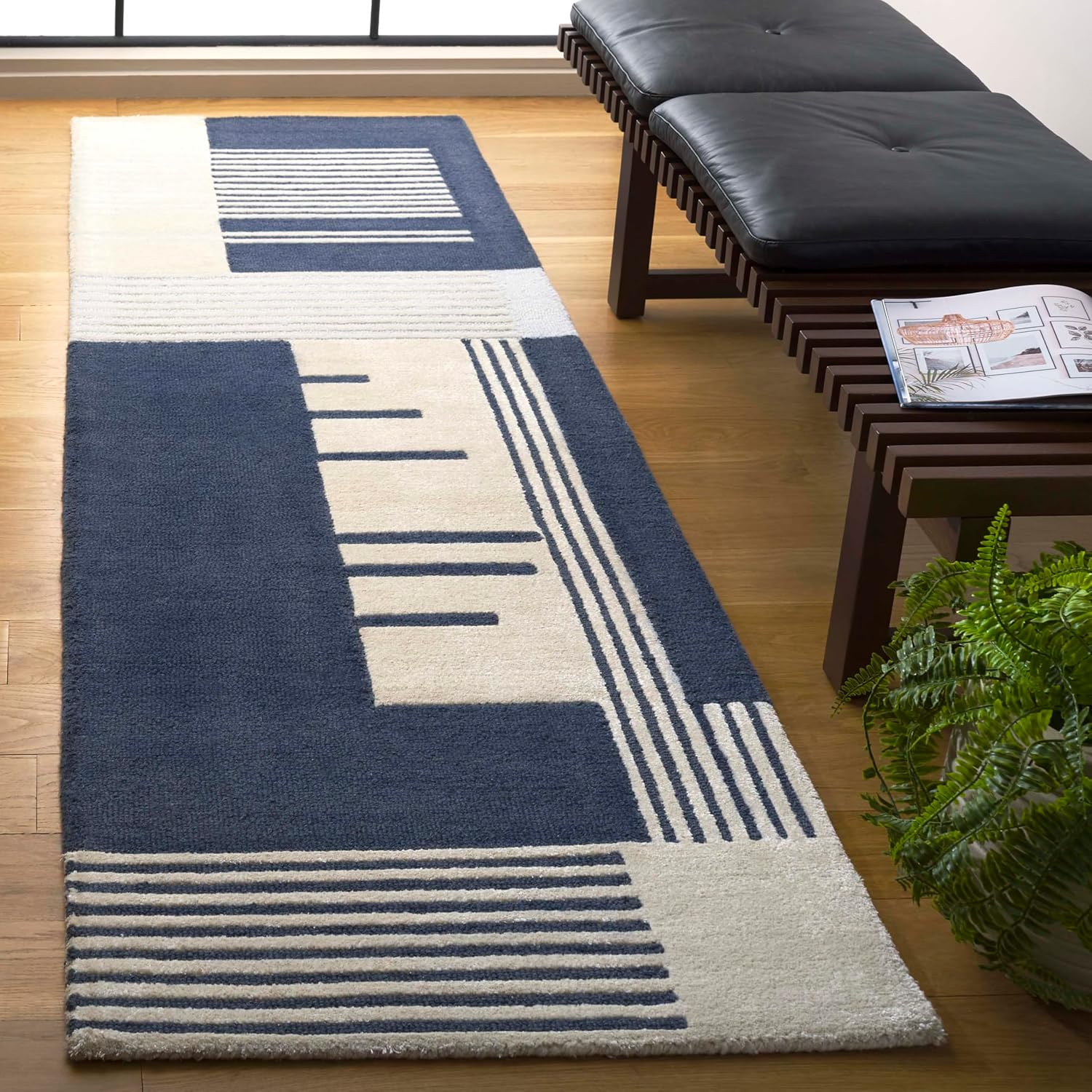 Handmade Navy Ivory Wool Runner Rug