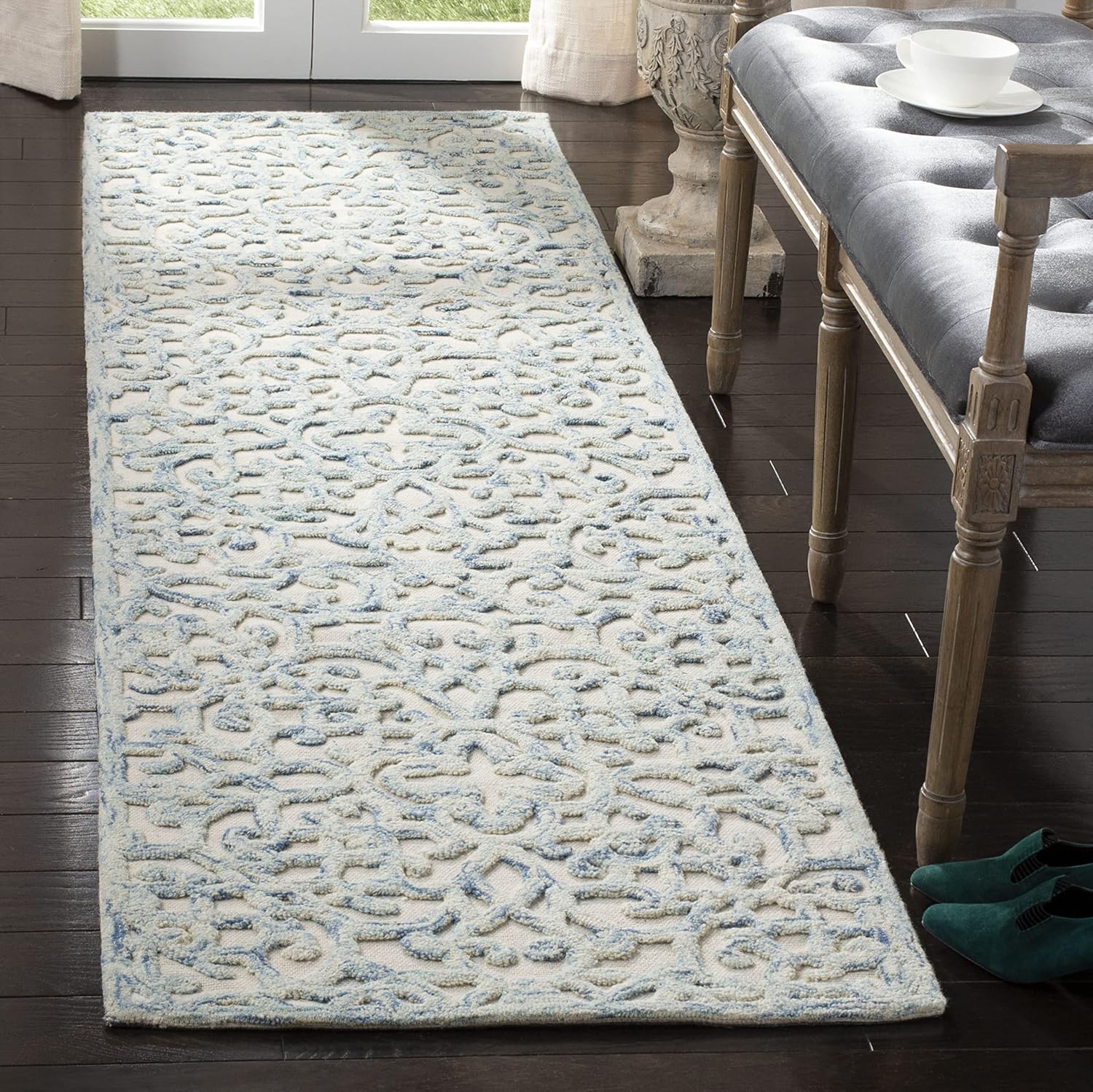 Handmade Blue Ivory Wool Runner Rug