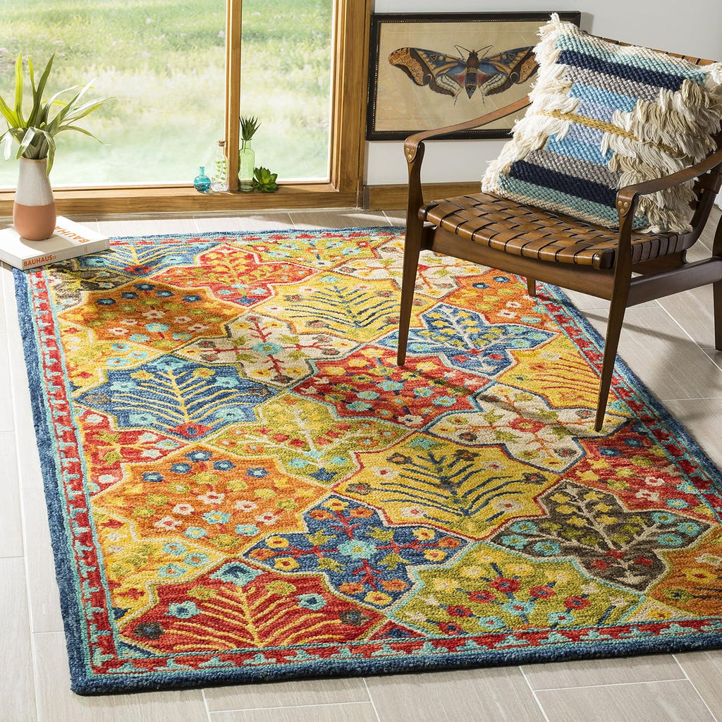 Boho Blue Orange Wool Runner Rug