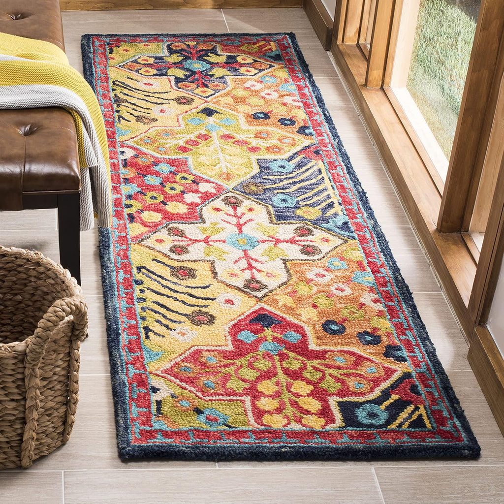 Boho Blue Orange Wool Runner Rug