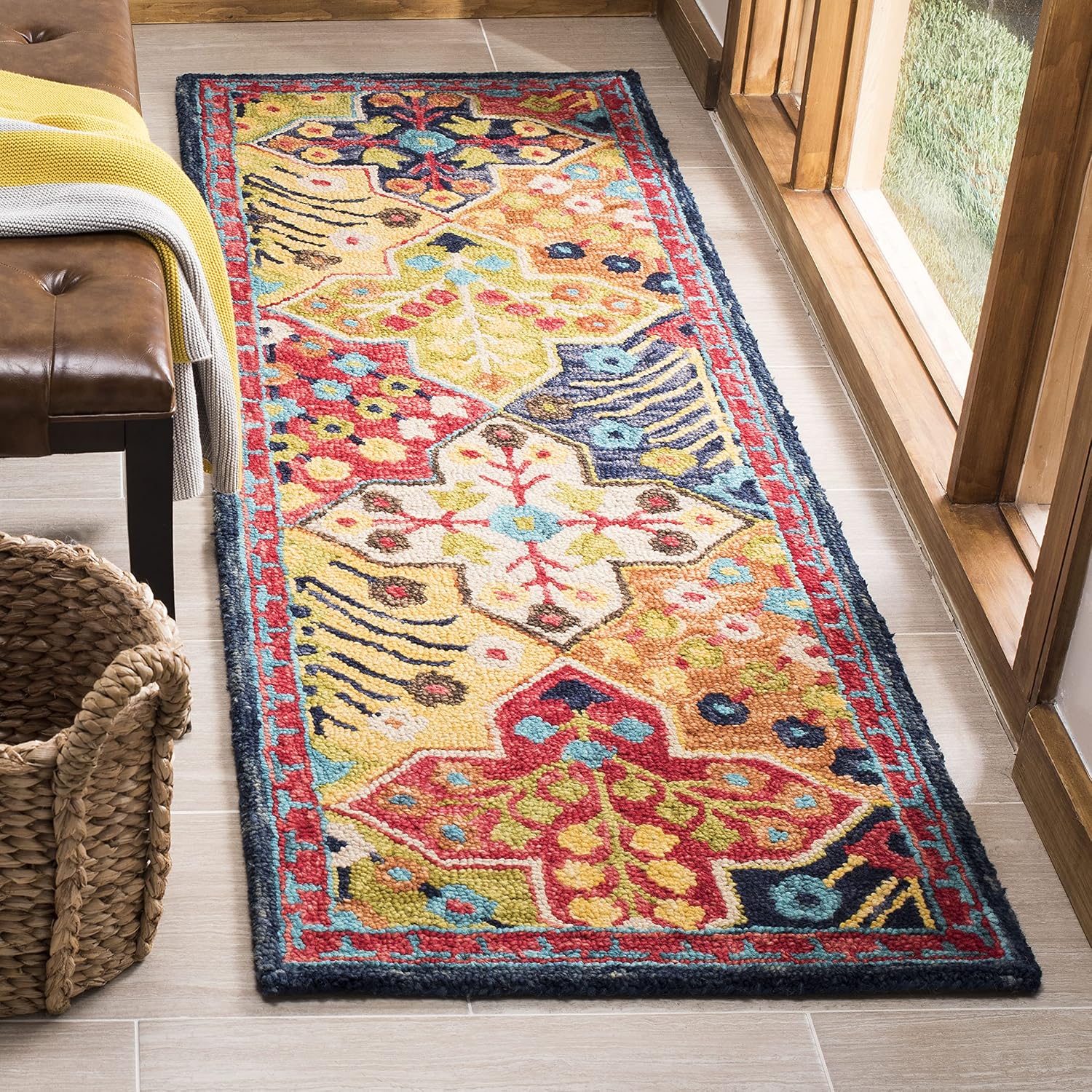 Boho Blue Orange Wool Runner Rug