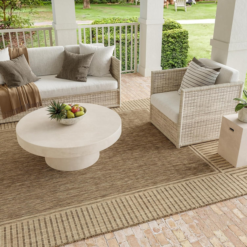 Light Brown Ivory Striped Indoor Outdoor Rug